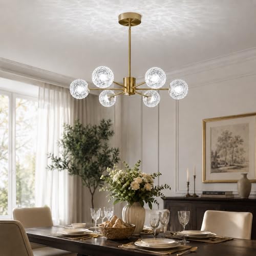 Image of Modern Gold Sputnik Chandelier,6-Light Clear Glass Globe Chandelier, Mid Century Pendant Light Fixture for Dining Room Kitchen Island Living Room Bedroom Entryway