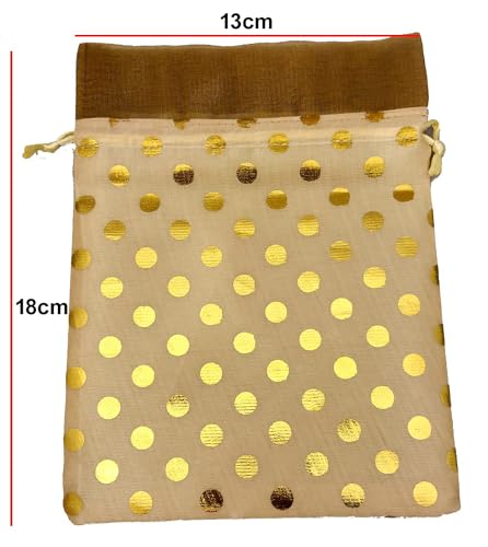 Image of 3A Featuretail 13CM X 18CM Small Drawstring Bags Pouches Potli for Gift Wedding Jewelry Packaging Bridal Party Favors for Women (25 pc Pack, Cream Color Golden Polka Dot)