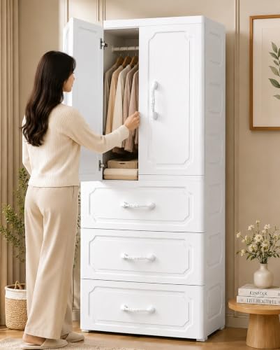 Image of Kids Plastic Wardrobe for Clothes Storage | Baby Cupboard & Almirah with Hanging Rod & Shelves | Portable Collapsible Storage Cabinet for Bedroom | Cartoon Kids Wardrobe