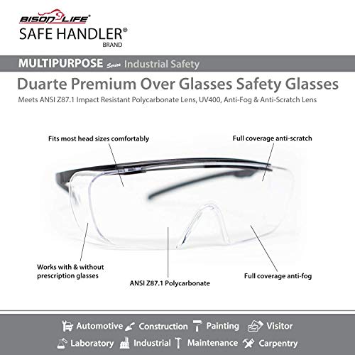 SAFE HANDLER Duarte Premium Over Glasses | ANSI Z87.1, Impact Resistant Polycarbonate Lens, UV400, Anti-Fog & Anti-Scratch (1 Pair)