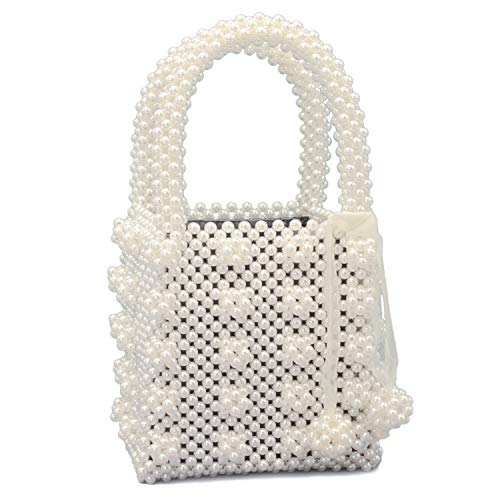 Miuco Womens Beaded Handbags Handmade Weave Crystal Pearl Tote Bags Cream