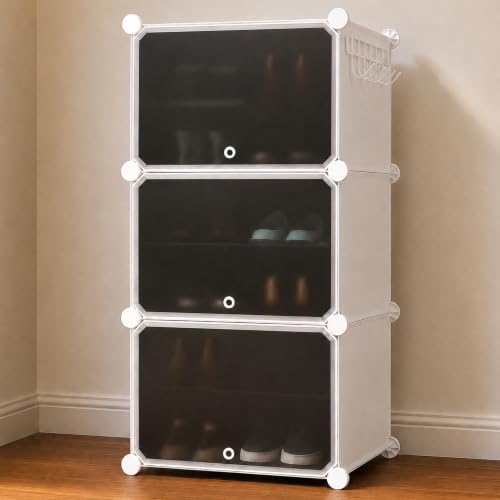 Image of Oumffy Plastic Shoe Rack for Home | ๐ ๐๐๐ฒ๐๐ซ Shoe Organizer Cabinet with ๐ ๐๐จ๐จ๐ซ๐ฌ | Dustproof Shoe Storage Rack for Entryway, Bedroom & Living Room | Space Saving Multipurpose Stand | White