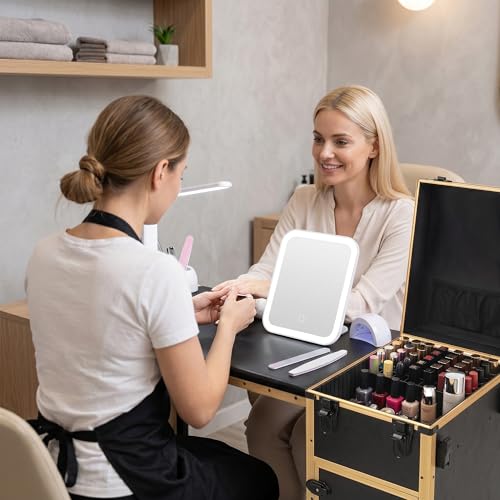 Image of Portable Manicure Table with 3 Drawers, Rolling Foldable Nail Desk with Detachable Mirror, Professional Makeup Train Case with Wheels and TSA Lock for Nail Techs & Salon Use