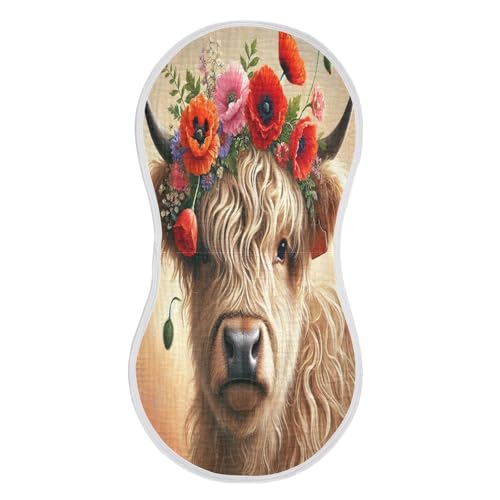 Highland Cow Wildflowers Baby Burp Cloths Cotton Burp Clothes Absorbent Muslin Burp Cloths Soft Burp Cloth Rags for Boy Newborn Girl Unisex 1 Pack 22x11 Inches