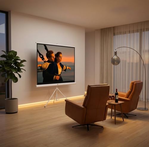 Image of TONZO 84 Inch Tripod Projector Screen with Stand 4ft(H)*6ft(W), 4:3 Ratio Projection Screen with Adjustable Stand, Indoor & Outdoor Wrinkle Free White Matte Fabric Projection Screen for Home & Office