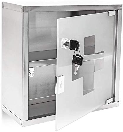 Large Medicine Cabinet Emergency First Aid Box 30 x 30 x 12 cm, 2 Shelves and Locking Door, Stainless Steel and Glass, Silver