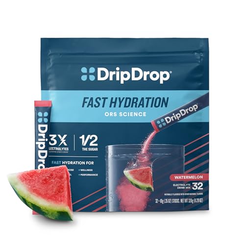 DripDrop Hydration – Watermelon – Electrolyte Drink Mix Single Serve Hydration Powder Packets | Non-GMO, Gluten Free, Vegan | 32 Sticks