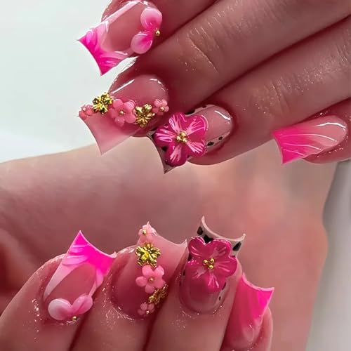 HOSAILY 3D Hot Pink Floral Summer Press on Nails Short