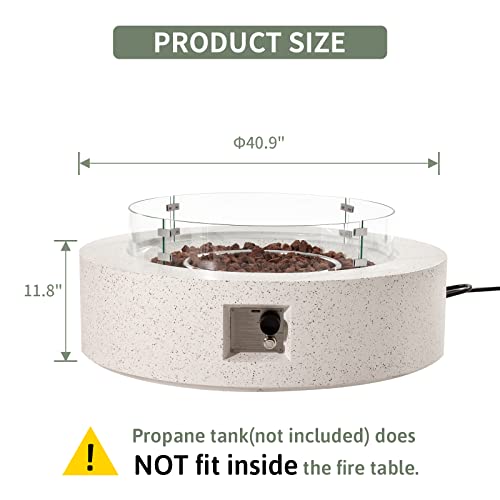 COSIEST Outdoor Propane Fire Pit Coffee Table w Beige 42 inch Round Base Patio Heater, Certified, 50,000 BTU Stainless Steel Burner, Wind Guard, Tank Outside, Free Lava Rocks, Waterproof Cover
