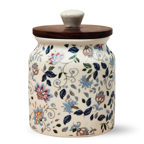 Image of Vistas 'Blue Bloom' Airtight 420ml Set of 3 Ceramic Jar for Kitchen Storage | Handcrafted Ceramic Barni with Wooden Lid | Multipurpose Pickle, Spice & Salt Container