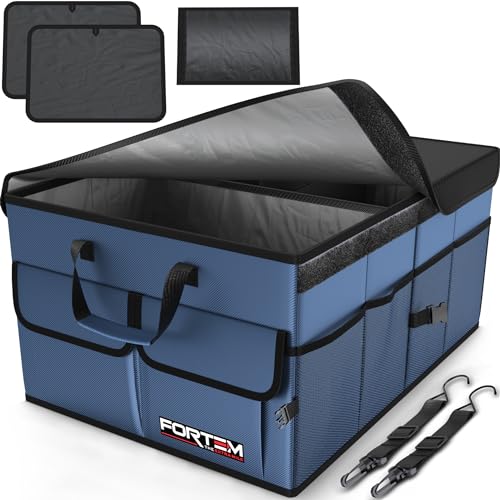 FORTEM Car Trunk Organizer, Collapsible Multi Compartment Car Organizer, Foldable SUV Storage for Car Accessories for Women Men, Non Slip Bottom, Securing Straps, Soft Cover 65L (Blue, Large)