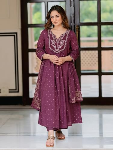 Image of Arayna Women's 100% Pure Cotton Anarkali Kurta Set with Pant & Dupatta | Embroidered Flared Kurta | Elegant Ethnic Suit