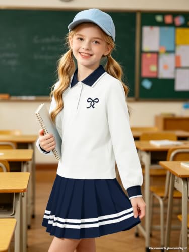 Image of Betusline Girls Skirt Set Long Sleeve Polo & Pleated Skirt, 4-14Y