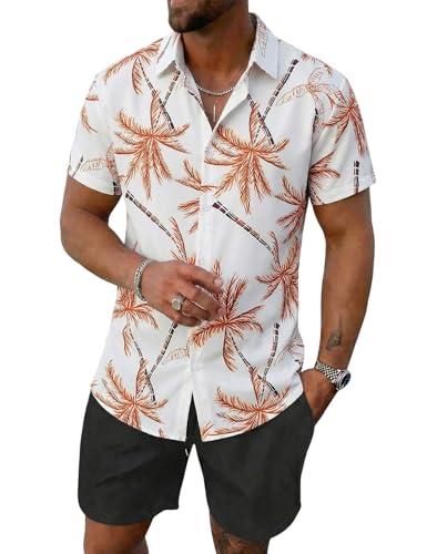 Image of Yimoon Men's Summer 2 Piece Outfits Tropical Print Short Sleeve Button Down Hawaiian Beach Shirt and Shorts Set