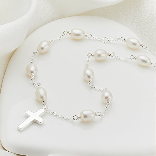Molly B London Sterling Silver Chain, Pearl & Cross Necklace For Girls And Women. Delicate Pendant Teen Jewelry Present For Holy Communion, Flower Girl Gift, Birthday, Sweet 16 #TOP2