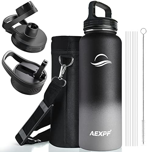 AEXPF 40 oz Sports Water Bottle, Stainless Steel Vacuum Insulated Water Flask Bottle with Straw Lids, Durable Leakproof Metal Thermos, Water Bottle with Carrying Pouch for Gym Cycling, Black and Gray