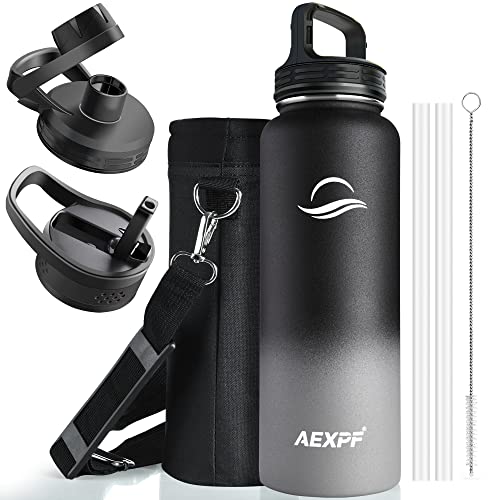 Aexpf 40 Oz Sports Water Bottle, Stainless Steel Vacuum Insulated Water Flask Bottle With Straw Lids, Durable Leakproof Metal Thermos, Water Bottle With Carrying Pouch For Gym Cycling, Black And Gray #TOP3