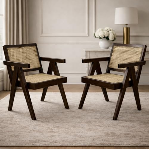 Image of Sainistree Furniture | Solid Sheesham Wood Rattan Armchair | Teak Brown Finish, Cane Back & Geen Upholstery | Mid-Century Modern Accent Chair for Living /Dining Room (Pair of 2, Rattan Walnut)