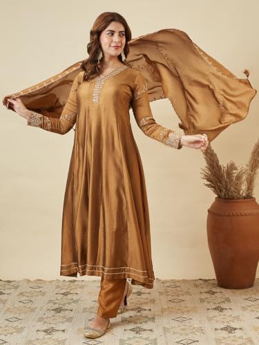 Image of MOKOSH Women's Silk Embroidery Anarkali Kurta Pant with Dupatta | Anarkali Kurta Set |Ethnic Kurta Set for Women |Floral Kurta 7 Colour Options Available |3 Piece Outfit