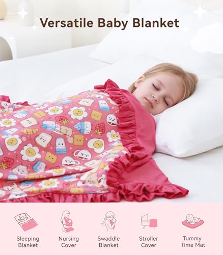 Image of Premium Baby Blankets, Soft Viscose from Bamboo Blanket for Girls, Nursery Crib Bedding Quilt for Newborn and Toddler, Ruffle Blanket Cooling for Hot Sleepers, 50''x50'' Pink Breakfast