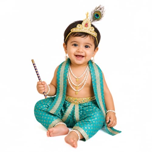Image of ITSMYCOSTUME Krishna Dress for Baby Boy Kids Set of 10(Dhoti,Patka,Hip Cover,Mukut,Morpankh,Bansuri,Kamarband,Bajuband,Kundal) Little Krishna Ji Kanha Janmasthmi Costume for Kids