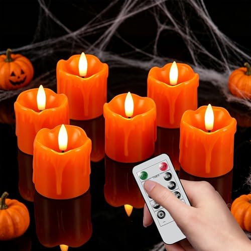 Image of Orange Flameless Votive Candles Battery Operated with Remote Timer | 400 Hours Long Lasting Battery Included, LED Tealights Flickering Dripping Wax, Halloween Indoor Decor, 2 inchD x 2.5 inchH, 6 Pack