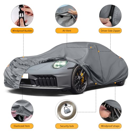 Image of Waterproof Car Covers Replace for 1998-2025 Porsche 911 (991 /992 /996 /997 Series), 10 Layers Heavy Duty All Weather Car Cover with Zipper Door, Windproof Bands for Snow Rain Dust Protection