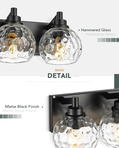 Image of Bathroom Light Fixtures Over Mirror, 26 inch Matte Black Vanity Light with Clear Hammered Glass Globe Shade, 4-Light Modern Sconces Wall Lighting for Bedroom Hallway, VL200-MB-CL-4