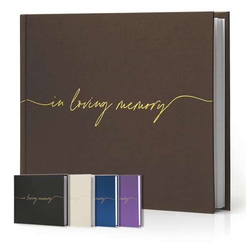 Image of Funeral Guest Book for Memorial Service, in Loving Memory 9x7.5 | 320 Entries, Table Sign Card Included, Gold Stamping, Twill-Textured Paper Cover, Celebration of Life Keepsake, Chocolate