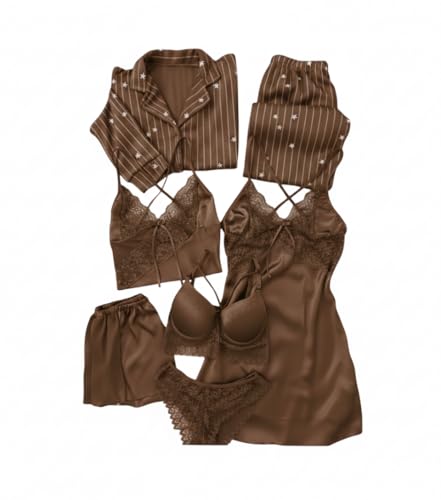 Image of Valentine's Day Fancy Night Suit Bath Robe Dress & Bra Penty Set Combo for Women's Pack of 7 Pcs Nightwear Lingerie Silk Wedding Set Gifts Lace Nightsuit Set (Free Size) Brown