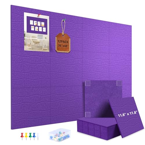 AKONEGE Large Felt Bulletin Board 48\" x 36\" Cork Board Alternative for Walls, 12 Pack Wavy Grain Felt Wall Tiles with 70 Adhesive Tabs & 20 Push Pins, Pin Boards for Office Home Decor,Violet