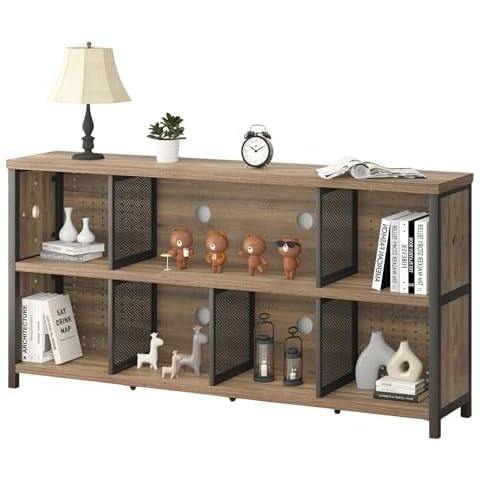 LVB Industrial Horizontal Bookshelf, 4 5 6 7 8 Cube Storage Organizer Bookcase, Modern Wide Large Book Shelf for Bedroom Living Room, Rustic Low Long Wood Metal Office Cubby Shelf, Rustic Oak, 63 Inch Cover