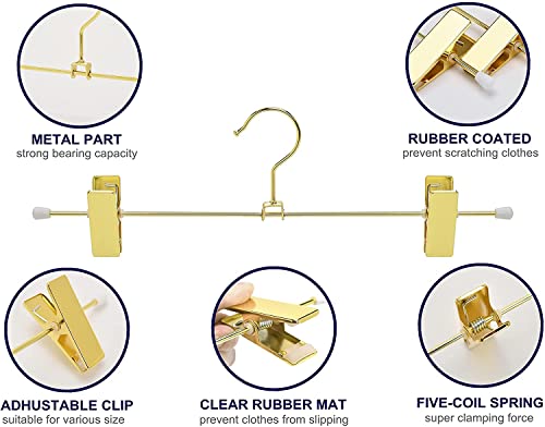 Perchas de metal para pantalones con clips ajustables antideslizantes, 30 cm, oro brillante, 10 unidades, ideal para pantalones, jeans y faldas