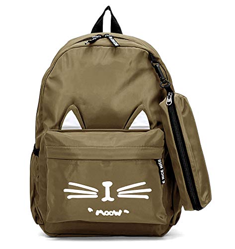 Eleccio Bella Mochila con Estuche de Mujer Diseño Animal Gato con Orejas Adolescentes 12 Litros para Portátil (Khaki) Cover