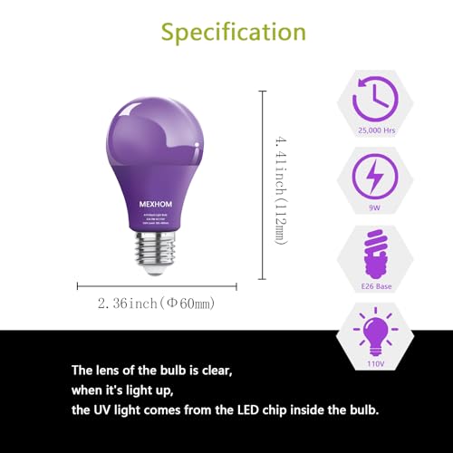 Mfxmf 4 Pack A19 Led Black Light Bulbs,9W (100W Equivalent) E26 Base Dimmable Black Lights thumb #6