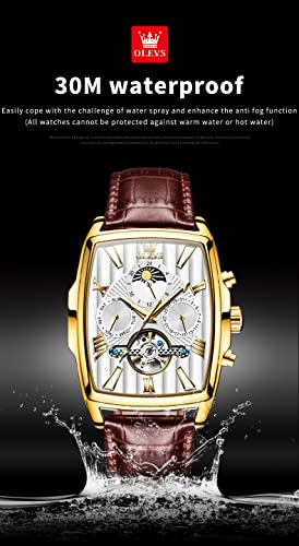Image of OLEVS Mechanical Dress Mens Watches Square Brown Leather Strap Moon Phase Skeleton Tourbillion Day Date Waterproof Luminous Men's Wrist Watches