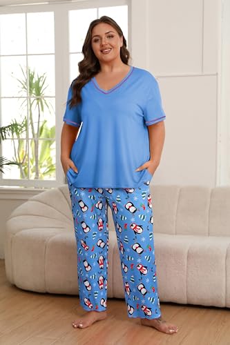 Image of Vozanet Women's Plus Size Pajama Sets Short Sleeve Long Pants Solid Color with Piping Trim Elegant Loungewear Cozy Sleepwear