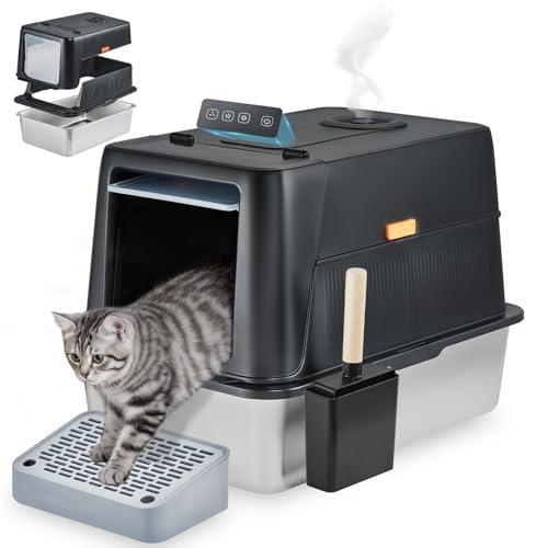 Smart Odor Control Stainless Steel Cat Litter Box with Lid, Smart Cat Litter Box with Infrared Sensor, Large Automatic Litter Boxs for Cats, 3 in 1 Design and 135° Flip-Top, Litter Scoop & Foot Pedal