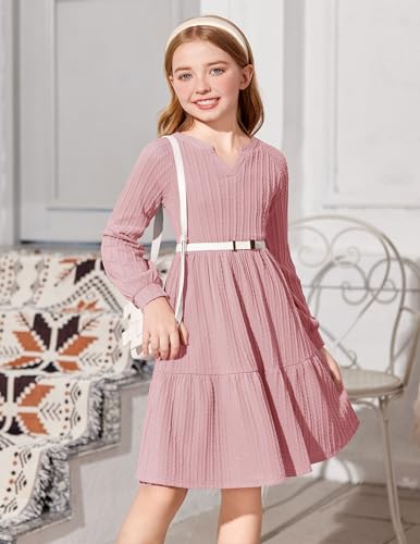 Arshiner Girls Dresses Lantern Long Sleeve Textured Casual Dress with Pockets for 5-12 Years4