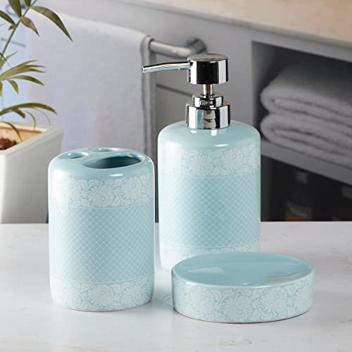 Image of SaSaSa Ceramic Bathroom Set of 3 Modern Bath Accessories Kit with Soap Dispenser, Toothbrush Holder & Dish - Stylish & Elegant Bathroom Decor, Blue (5764)