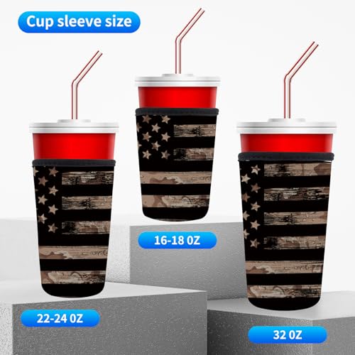 Image of 3 Pack Reusable Neoprene Insulator Sleeve for Iced Coffee Cups, Funny Coffee Cup Sleeves for 16-32oz Coffee cups, Cute Drink Sleeve for Cold Hot Beverages Cute Flag
