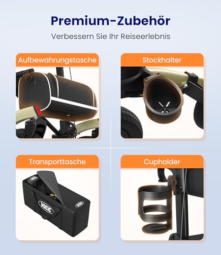 VOCIC Rollator Faltbar und Leicht mit Sitz,Outdoor Rollator mit Gummi-Nonluftbereifung für Allen Gelände,Aluminium Höhenverstellbare Rollatoren für Draußen&Langlauf&Reisen,Champagner(5 Jahre Support)
