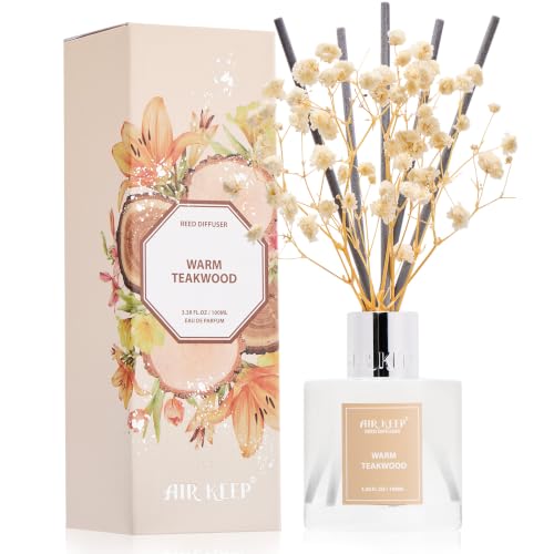 Image of Airkeep Reed Diffuser Set,3.38 fl oz (100 ml) - Warm Teakwood Oil Diffusers with 8 Reed Sticks, Home Fragrance Reed Diffuser for Bathroom Shelf Decor