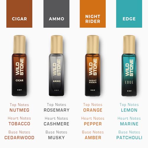 Image of Wild Stone Perfume Gift Set for Men, Pack of 4 (4x20ml) | Luxury Perfume for Men | Long-Lasting Fragrances Gift Set | EAU DE Parfum Gift for Men with Ammo, Cigar, Edge & Night Rider