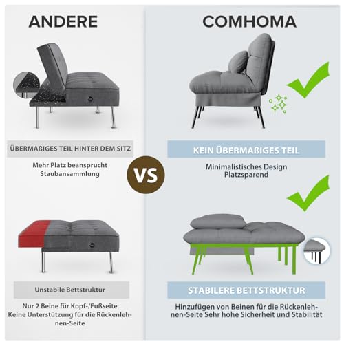 COMHOMA Schlafsofa mit Schlaffunktion – Futonbezug ausklappbar – Ecksofa – Gästesofa 3-Sitzer – mit Verstellbarer Rückenlehne aus grauem Stoff – Bild 6
