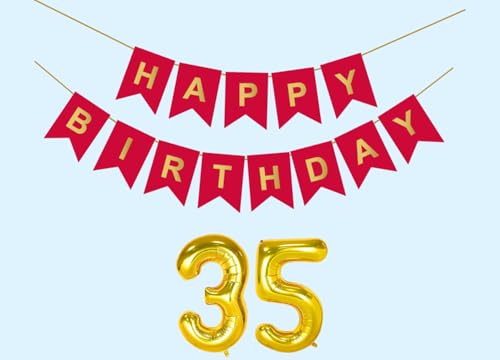 Image of 35th Happy Birthday Decoration Kit Red for 35 year Old Boys Girls Men with Number Thirty-five Party Decorations Decor Celebration Items Item Set Combo Reusable Paper Banner
