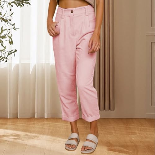 Womens High Waisted Solid Cotton Linen Summer Pants Baggy Straight Leg Trousers Classic Pleated Pocketed Pants2