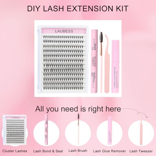 Image of Lash Extension Kit LAUBESS Lash Clusters Kit Cluster Eyelash Extensions Kit Eyelash Clusters Lash Bond and Seal Waterproof Tweezers Brush Lash Glue Remover (Kit 20D-D-Mix9-16)