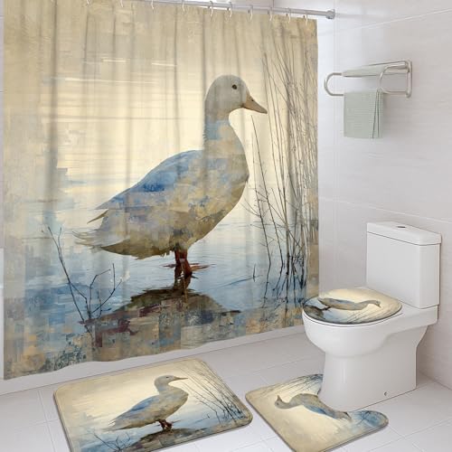Set di tende da doccia con canne d'acqua naturali, in poliestere blu, impermeabili, con tappeti, per vasca da bagno, decorazione per appartamenti, 183 x 183 cm