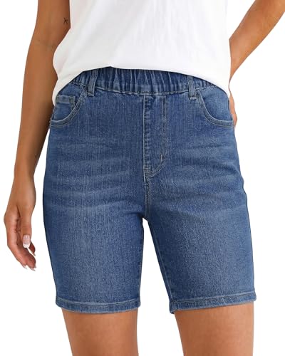 LookbookStore Womens Pull On Denim Shorts Elastic Jean Shorts for Women Indigo Classic Blue Size Large Size 12 14